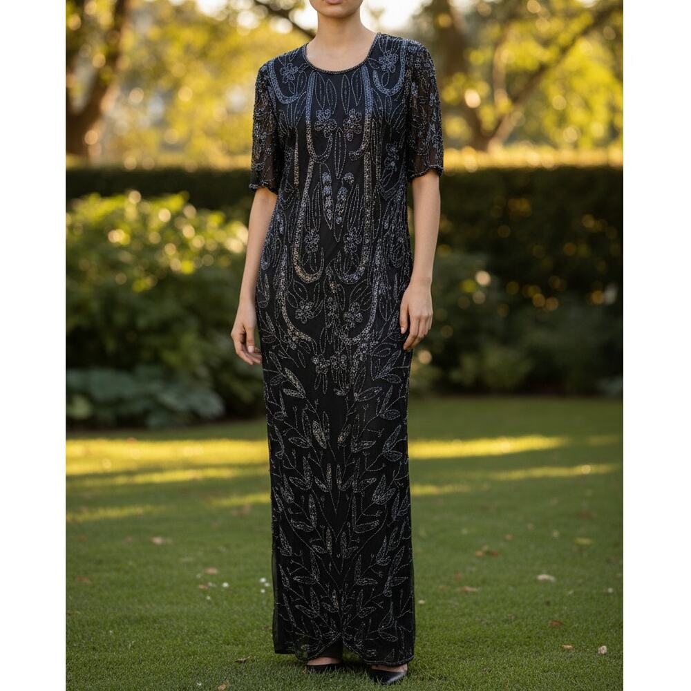 Vintage 80s Black Silk Beaded Evening Gown Art Deco Sheer Overlay Maxi Dress